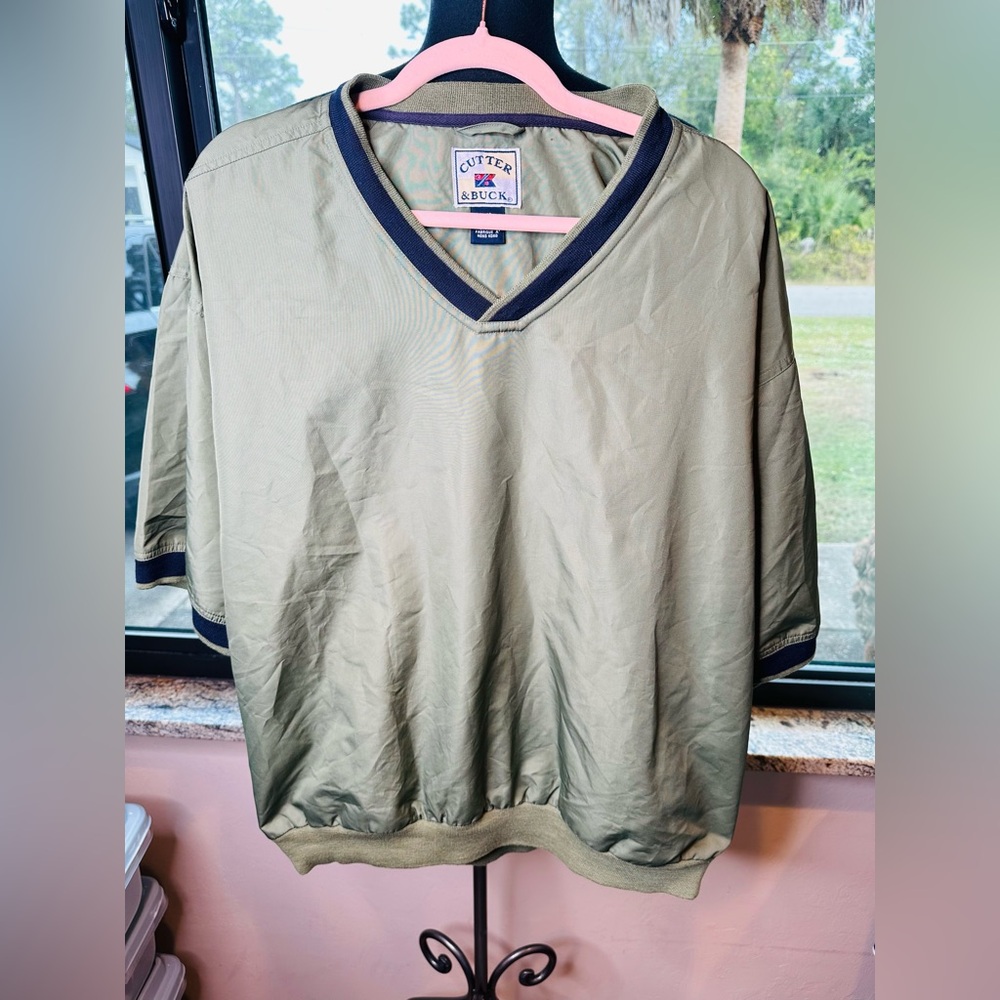 Cutter & Buck Short Sleeve Clima Guard Windbreaker Olive Blue Vneck Size Large